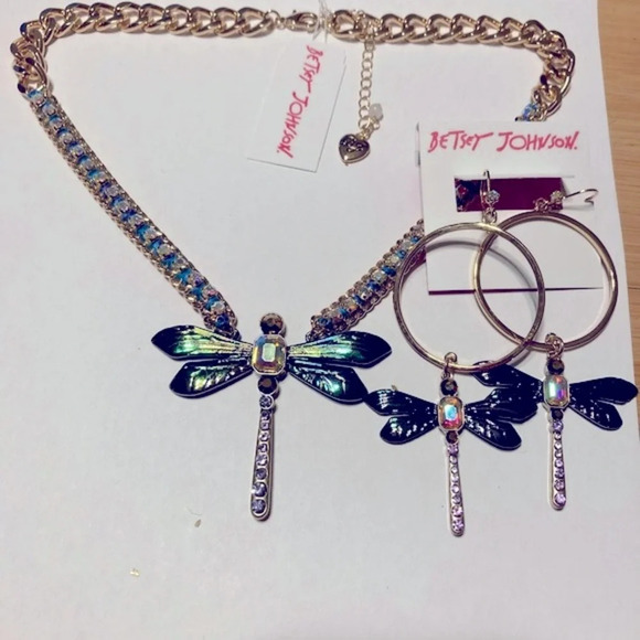 BETSEY JOHNSON SET Hoop Dragonfly Earrings & Matching Necklace AB Crystals NWT - Picture 2 of 13